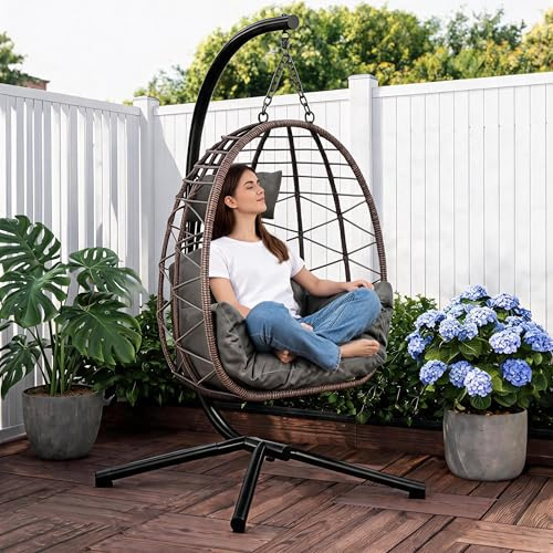 Koioplie Hängesessel mit Gestell, Grau | Maximale Tragkraft 165 kg, Rattan Gestell, Dicke Kissen, Für Indoor Outdoor, Ideal für Wohnzimmer, Balkon und Garten