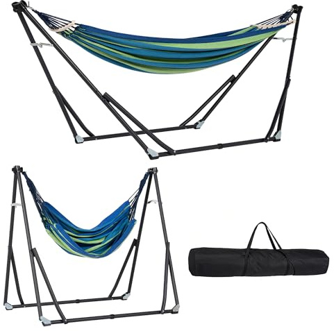 SogesGame 2-in-1 Hängematte mit Gestell,Umwandelbar zur Hängesessel,Tragbare Outdoor Hängematte Set, Belastbar bis 200kg, Mehrfach Verstellbar mit Tragetaschen für Garten,Camping&Terrasse (Blau-grüne)