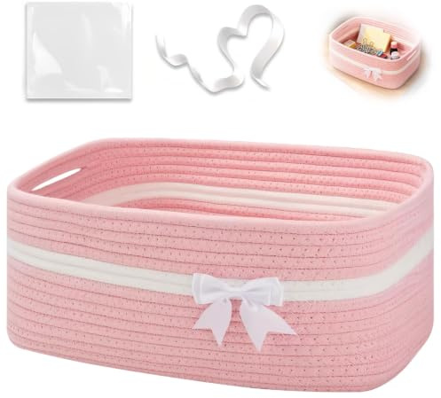 Aufbewahrungskorb Geflochten Rosa, Geflochten Korb für Geschenke mit Geschenktüten und Bändern, Geschenkkorb Leer für Geburtstag, Hochzeit, Babyparty, Bad Wohnzimmer, 34x15x25cm