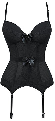 Grebrafan Punk Padded Cups Lace UnderwiBlack Corset with Suspender Straps (UK(12-14) XL, Black)