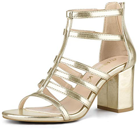 Allegra K Women's Cage Strappy Gladiators Chunky Heels Sandals Gold 3 UK/Label Size 5 US