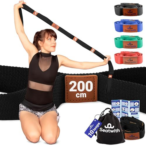 Seatwith Yoga Gurt mit Schlaufen 10 | Yoga Band 200x4cm | Dehnungsband für beste Dehnen | Stretching Band | Yogagurt + Tasche & Training PDF - Schulterretter
