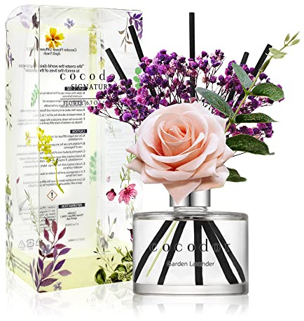 [COCODOR/Garden Lavender] Reed diffuser oil 200ml with Rose, Eucalyptus and Preserved Flower sticks. Best for Home, Kitchen, Bathroom. Diffusers with Sticks