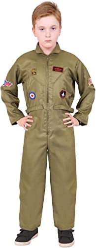 Costume de l'armée américaine VE Day pour enfant. Combinaison verte avec badge ailes de vol. Déguisement des années 80 pour garçons et filles. Taille : M