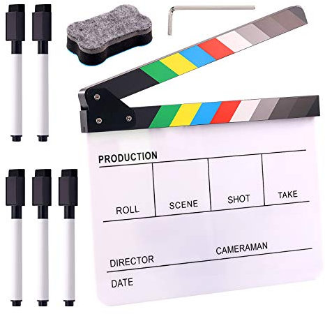 Swpeet 8Pcs 10x12 Acrylic Film Movie Clapboard Kit, Magnetic Blackboard Eraser, M3 Hex Wrench and 5Pcs Custom Pens Dry Erase Director Clapper Coating Board Slate for Film Fans