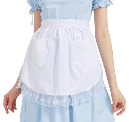 Nanxson Retro Lace Maid Costume Half Apron with Pocket Adjustable Kitchen Cooking Apron for Women and Girls CF3130 (whtie, One Size)