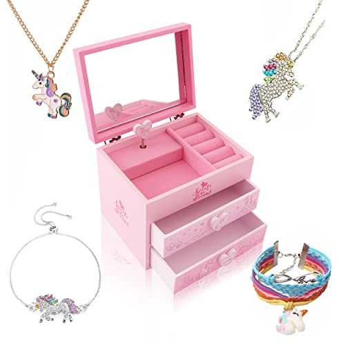 ZOOWING Kids Musical Wooden Jewelry Storage Box Gifts with Unicorn/Princess Ballerina Jewelry Sets-Unicorn3