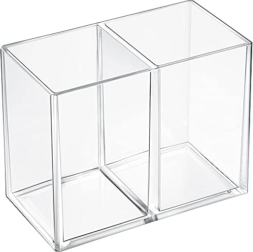 Makeupborsthållare, akryl pennhållare, 2 fack organisatör, brevpapper, akryl transparent fyrkantig pennhållare för borste, läpppennor, ögonskydd, smink