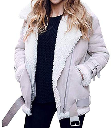 HHMY Motorradjacke Gefüttert - Damen Kunstleder Jacke Kurze Winterjacke Kunstpelz Teddyfleece Fahrradjacke Revers Langarm Übergangsjacke, Verstellbarem Gürtel