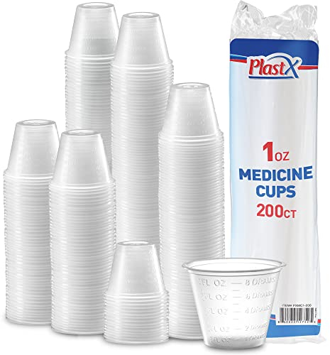 Plastx Einweg-Medizin-Becher, 200 Stück, 28 ml, transparent, mit geprägten sichtbaren Messungen, Markierung, Pillen und flüssigen Medikamenten, Epoxid- und Harzmessungen