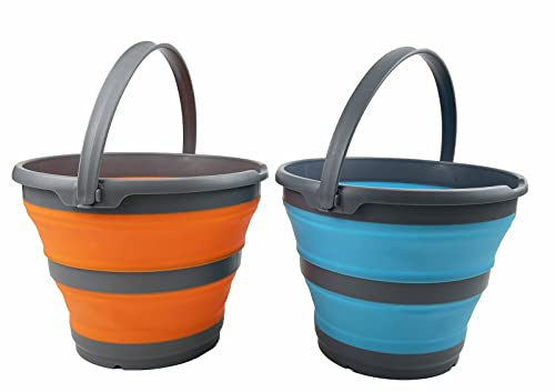 SAMMART 10L zusammenklappbarer Kunststoffeimer – Faltbare runde Wanne – tragbarer Angelwassereimer – platzsparender Outdoor-Wassertopf, Größe 33 cm Durchmesser (Orange + Ozeanblau)