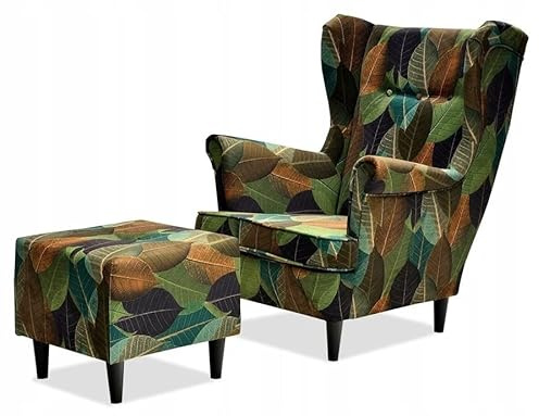 Family Meble Ohrensessel mit Hocker, Modell Print, Skandinavisch, Relaxsessel aus Webstoff, Loungesessel, Ohrensessel mit Hocker, Bequemer Sessel, Für Wohnzimmer, Esszimmer, Schlafzimmer, Laub 1
