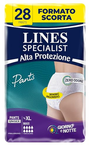 Lines Specialist Pants Maxi Unisex, Mutande Assorbenti per Incontinenza Donna e Uomo, Alta Protezione fino a 12h, Taglia XL, Scorta Mensile, Confezione da 28 Unità