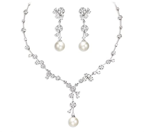 EVER FAITH Perle Schmuckset Hochzeit Runde kubische Zirkonia weiß simuliert Floral Cluster Halskette Ohrringe Set Silber-Ton
