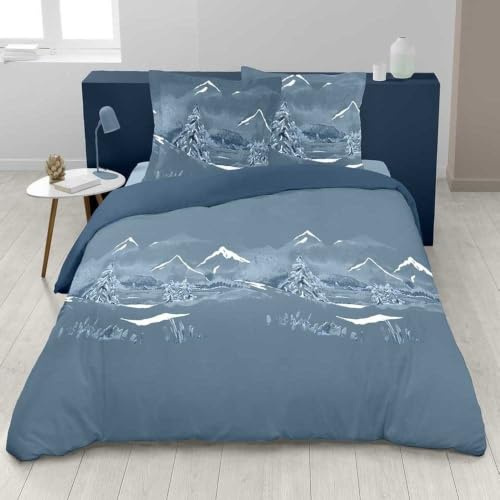 Housse de Couette Nuit des Alpes + Taies 100% Coton 57 Fils 200x200 cm | Motif alpin exclusif • Tissu doux et respirant • Housse avec rabat à border & taies à volant plat • Lavable en machine