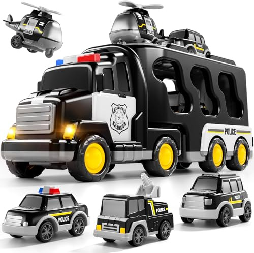 Bennol Toddler 5 in 1 Police Truck Toys for 1 2 3 4 5 Year Old Boys Police Rescue Vehicles Car Trucks Bus Helicopter for Kids Ages 1-3 3-5 Car Toys for 1 2 3 4 5 Year Old Boys Girls Birthday Gifts