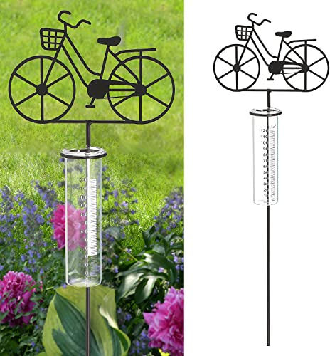 Cepewa Gartenstecker Regenmesser Fahrrad │ 18x90x5,5cm Metall Glas │ Messzylinder Niederschlagsmesser