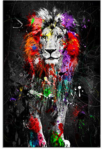 decomonkey - Tableau Acoustique Animaux Abstrait 80x120 1 Pièce - Impression sur Toile Décoration Maison Isolation Peinture Phonique Déco Bureau Abstraction aquarelles coloré chats lions animaux