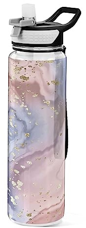 Mnsruu Gold Glitter Rose Marble Water Bottle 1L with Straw, Leakproof BPA Free Tritan Drink Bottle, Sport Water Bottle for Men Women Kids