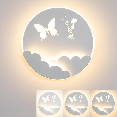 LED Wandleuchte Kinderzimmer Dimmbare Wandlampe Schmetterling Dekorative Nachtlicht 18W Weiß Runde Nachttischlampe Moderne Wandlicht aus Eisen für Jungen Mädchen Wohnzimmer Schlafzimmer Babyzimmer