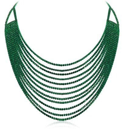 EVER FAITH Strass Fransen Halskette Mehrschichtige klobige Glitter Grau Strass Wasserfall Mehrstrang Ketten Statement Lätzchen Halskette lange Kette Modeschmuck