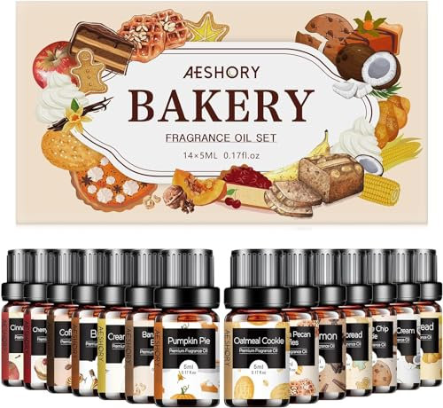 Aeshory Ätherische Öle Set Backöl 14 x 5 ml– Aromatherapie Duftöle Ätherische Öle für Diffuser, Kerzenherstellung – Kürbiskuchen, Kaffeekuchen, Haferkekse, Lebkuchen, Zimt-Apfel
