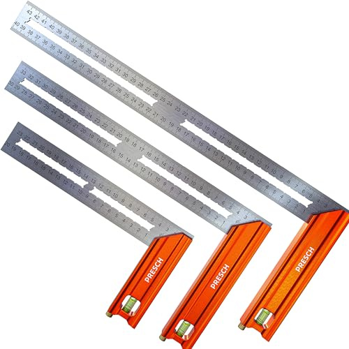 Presch Équerres de Menuisier Set - 200mm, 300mm & 400mm - Set compact tout-en-un - Avec jauge (20cm, 30cm & 40cm), niveau à bulle et pointe à marquage - 90° et 45° degrés - Équerres a chapeau