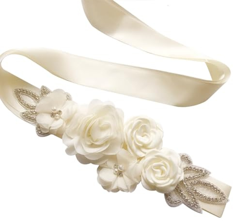 Wisafory Brautgürtel Blumen Perlen Damen Gürtel mit Strass Hochzeitskleid Taillengürtel Schärpe Schmuck Waistband Satinband Braut Brautjungfer Hüftgurt für Hochzeit Party 270cm Weiß