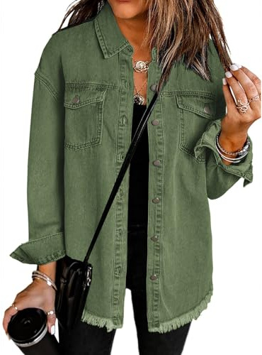Roskiky Jacke Damen Oversized Button Up Frayed Hem Shacket Langarm Taschen Denim Jean Jacket