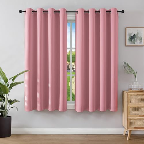 Joydeco Blackout Curtains for Bedroom 66 x 54 Inch, Eyelet Thermal Insulated Energy-saving Drapes for Room Darkening Light Filtering, Short Window Treatments 54 Inch Drop, 2 Panels - Dream Pink