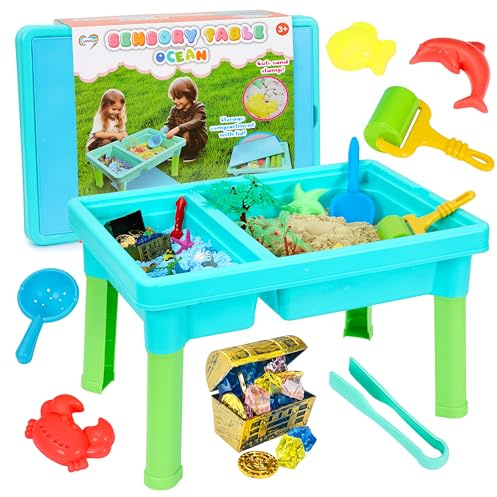 Carolart Table sensorielle océanique avec sable, bac avec couvercle, utilisation intérieure et extérieure, kit d'art du sable pour garçons et filles, jouets pour tout-petits de 3 à 5 ans, 43 x 29 x 26