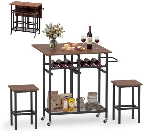 COSTWAY Essgruppe mit 2 Stühlen, klappbarem Esstisch mit Rollen, 6-Flaschen Weinregal & Regal, Küchentisch für 2 Personen, Esszimmergruppe, Sitzgruppe für Esszimmer, Küche