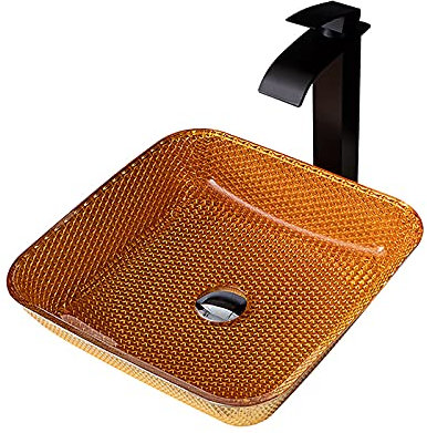 Glas-Waschbecken, quadratisches Badezimmer-Waschbecken, künstlerisches Waschbecken, Aufsatzwaschbecken mit schwarzem Wasserfall-Wasserhahn, Pop-Up-Ablauf-Kombination, Montagering (Gold)