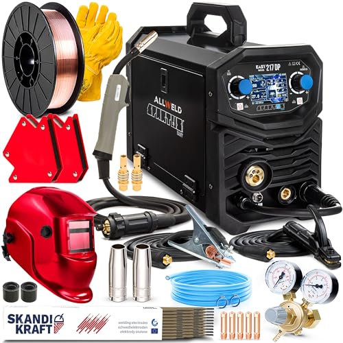 Spartus EasyMIG 217 LCD Dual Pulse - Soldador Inverter Profesional de 200 A - Doble Pulso y Sinergia - MIG/MAG, MMA, TIG Lift, Flux - Regulación de Inductividad - Set Premium
