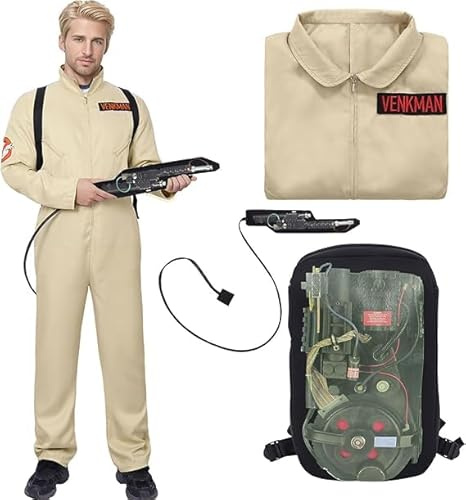 Herr Ghosl Hunter Venkman kostym overall och uppblåsbar proton pack ryggsäck klassisk 1984 maskeraddräkt vuxen halloween utklädningsdräkt (XL)
