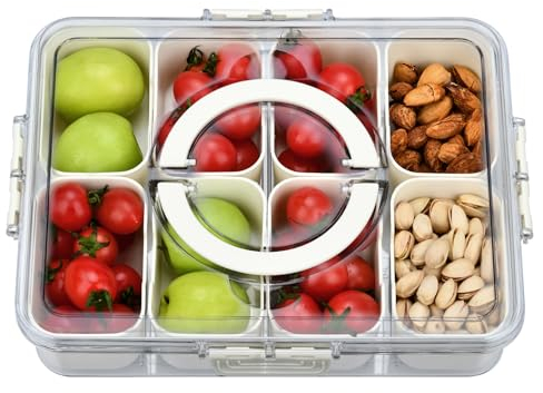 KINGOZOYI Snackbox mit Fächern, Snackteller Snackschale 8 Zellen, Kühlschrank Organizer mit Deckel und Griff für Picknicks Familientreffen Couchbar - 28 x 6.7cm