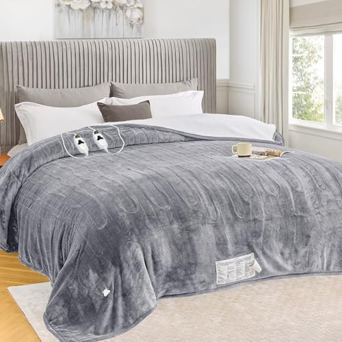 greenoak Coperta riscaldata elettrica king size 250 x 228 cm, doppio controllo, coperta riscaldante con 10 livelli di calore 1/2/4/6/8 ore di spegnimento automatico contro il surriscaldamento, morbida