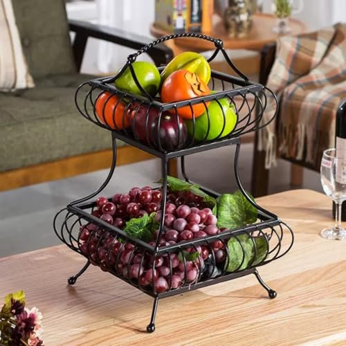 NEWCIX Doppio Supporto per Cesto di Frutta da Banco, Cesto di Frutta di Grande capacità, Snack Caramelle Frutta Secca Cesto di Stoccaggio Scaffale(Zwart)