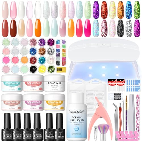 PEACECOLOR 37PCS Acrylic Nail Kit with Lamp, 6 Colors Acrylic Powder and Nail Liquid Monomer,4pcs Gel Nail Polish for Beginners DIY Salon Quality Nail Extension Set