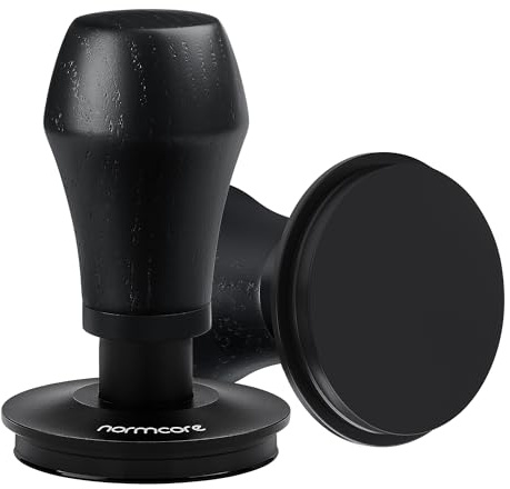Normcore 58.5mm Coffee Tamper V4 – Spring-Loaded Tamper with Titanium PVD Coating, Flat Base, 6.8kg/11.3kg/13.6kg Replacement Springs, Espresso Tamper with Real Black Oak Handle