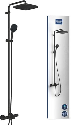 GROHE Vitalio Comfort 250 Bath Thermostatic Shower System with Aquadimmer (Cube 25cm Head Shower Rain Spray and 11cm Hand Shower 2 Sprays: Rain & Jet, Hose 1.75m, Water Saving), Matt Black, 269842431