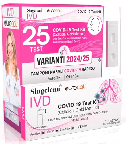 25x Tamponi COVID 19 - Test Nuove Varianti 2025 - Tamponi Rapidi Nasali Certificati per Uso Domestico, Risultato Rapido - Singclean IVD