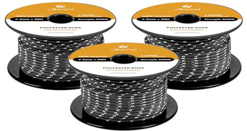 Abma Cord Polyesterseil 3mm x 30m Seil Geflochtene Schnur Reißfest für Outdoor, Boot, Festmacher, Zelt, Garten - Schwarz/Weiß