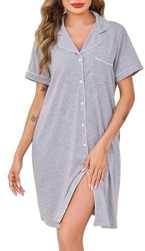 Wikoan Camicie da Notte Classiche da Donna con Scollo a V e Morbido Abito Lungo Abbottonato con Tasche,Grigio Chiaro,S