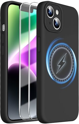 Dssairo Magnetische für iPhone 14 Hülle, mit 2 x Displayschutzfolien, Verbessertes Flüssigsilikon, Verbesserter Kameraschutz, Militärische Qualität, Sturzsicher, Dünn 6,1 Zoll (Schwarz)