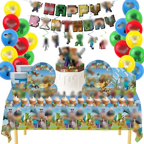 Boys Birthday Party Decorations Party Tableware Set for Kids Minecraft Party Decorations Boys Minecraft Birthday Decorations with Banner Balloons Table Cloth Paper Plates Cups Napkins Cake Toppers