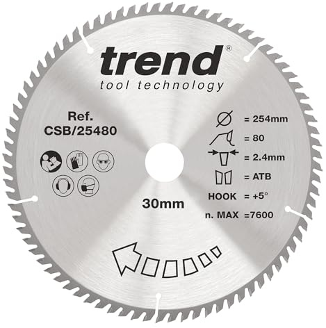 Trend Wood Kreissägeblatt, 254 mm Durchmesser, 30 mm Bohrung, 80 Zähne, 2,4 mm Schnittfuge, +5° Haken, TCT, extrafeine Oberfläche, CSB/25480