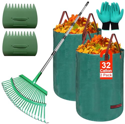 Juego de rastrillo de hojas de jardín 5 en 1, rastrillo de hojas ajustable con 2 bolsas colectoras de hojas grandes, un par de agarradores de hojas y un par de guantes de trabajo para limpieza de