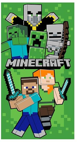 Jerry Fabrics Asciugamano da bagno per bambini, telo da bagno, telo da doccia, per ragazze e ragazzi, 100% cotone, 70 x 140 cm (Minecraft)