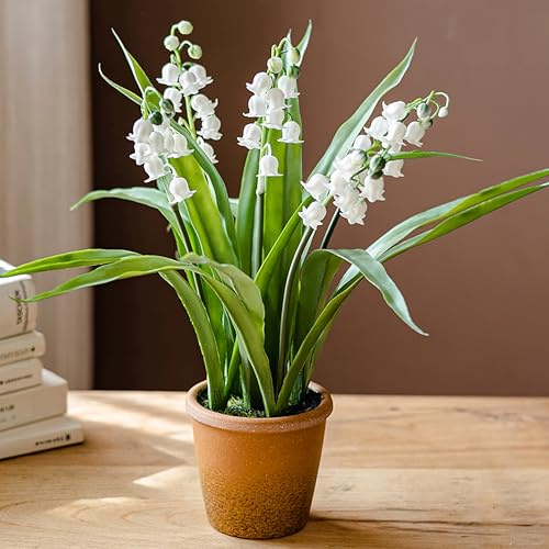 SYDDOL Künstliche Maiglöckchen Pflanze im Topf, Kleine Weiße Künstliche Blumen Real Touch für Home Decor, Realistische Gartenpflanzen für Draußen, Künstliche Lilien Blumen Indoor Outdoor Tisch